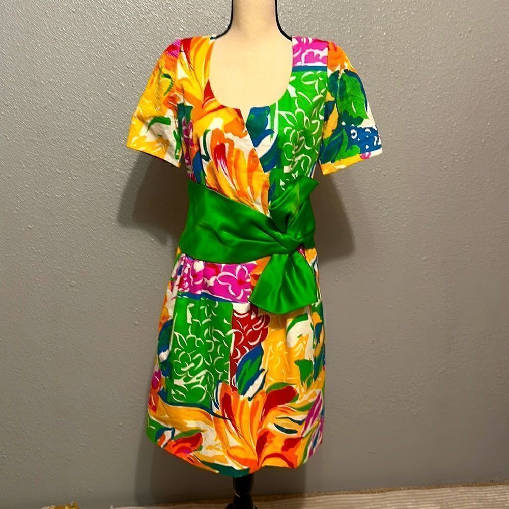 Vintage floral dress with satin bow by Stanley Martin and Platos Ross size 12